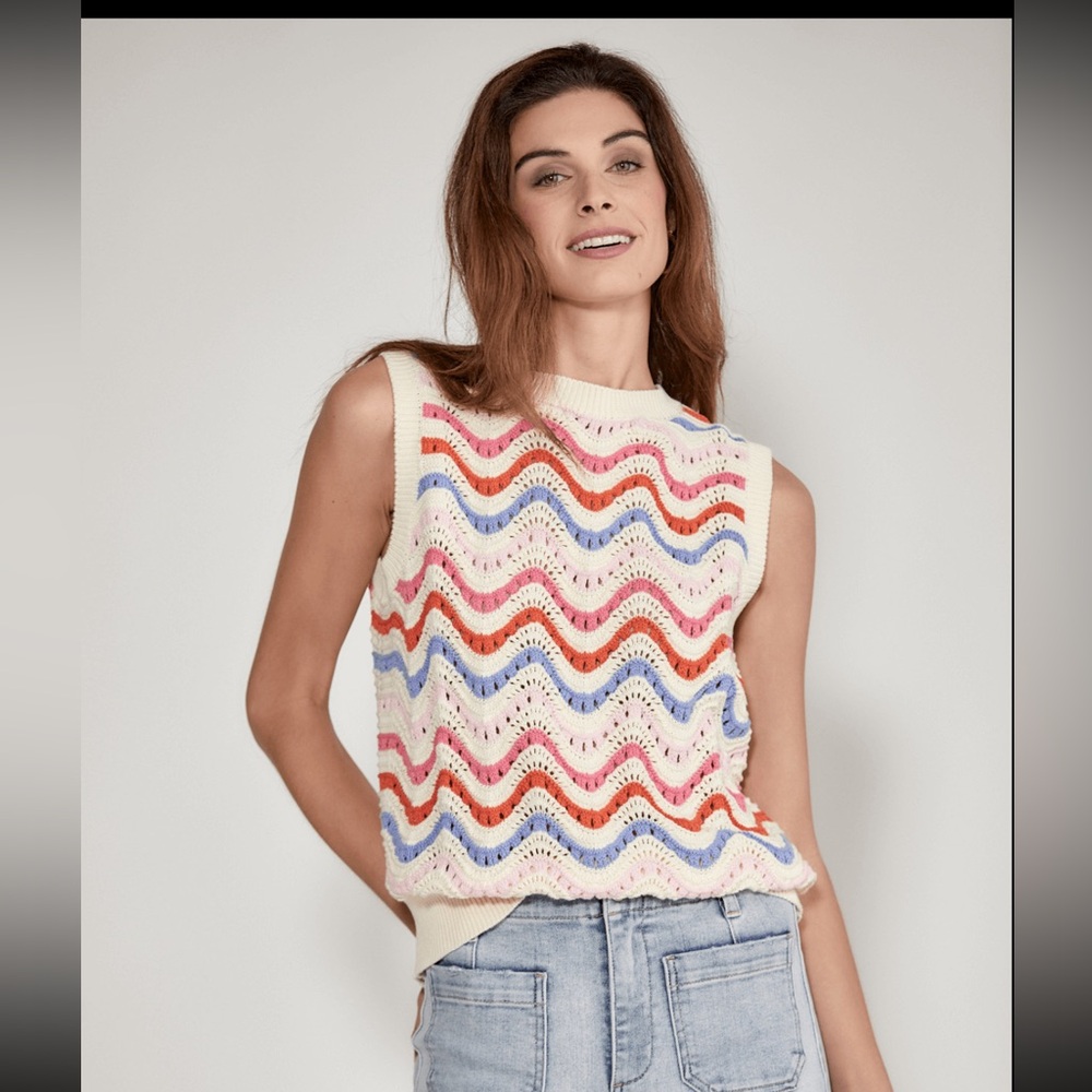 THML Cream Crochet V-Neck Sweater Vest with Pink, Red & Blue Waves